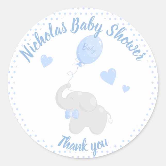 Pegatina Redonda Boy Elephant Gracias Baby Shower Favor Azul (Anverso)