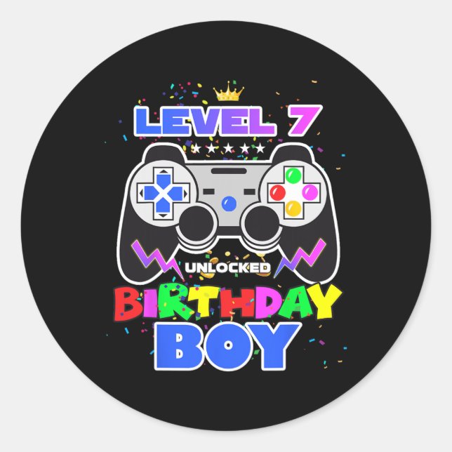 Pegatina Redonda Boy Level 7 Videojuego desbloqueado 7Cumpleaños Ga (Anverso)