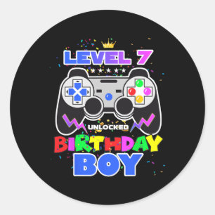 Pegatina Redonda Boy Level 7 Videojuego desbloqueado 7Cumpleaños Ga
