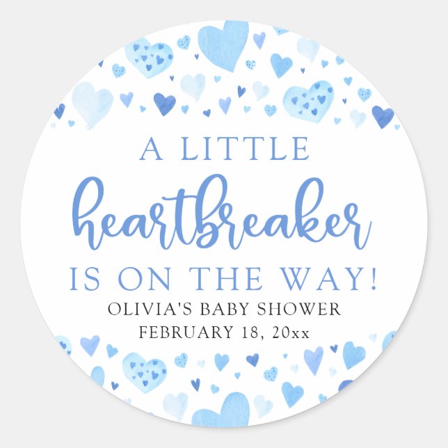 Pegatina Redonda Boy Little Heartbreaker Blue Valentine Baby Shower (Anverso)