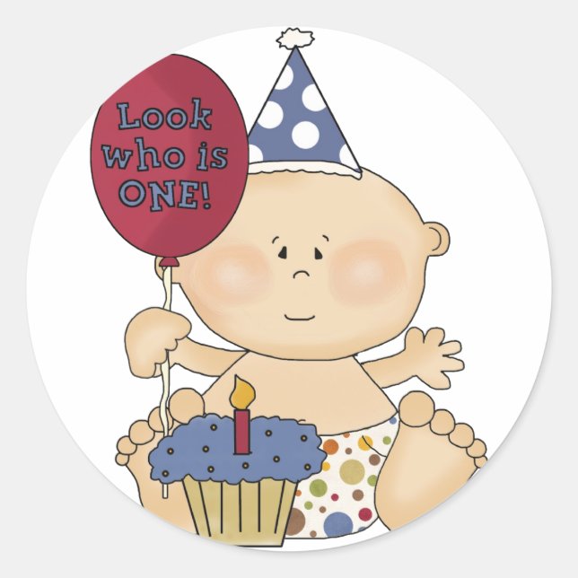 Pegatina Redonda Boy Look Who's One Tshirts and Gifts (Anverso)
