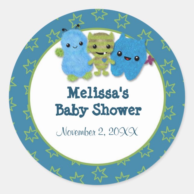 Pegatina Redonda BOY MONSTER Peek a Boo Baby Shower en blanco PABC  (Anverso)