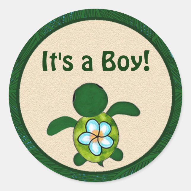 Pegatina Redonda BOY Sea TURTLE Baby Shower (Honu) 02B en blanco #0 (Anverso)