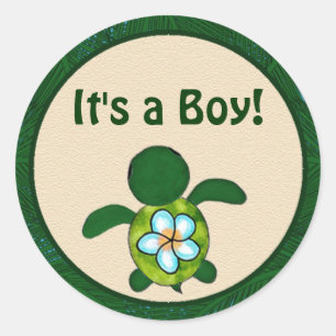 Pegatina Redonda BOY Sea TURTLE Baby Shower (Honu) 02B en blanco #0