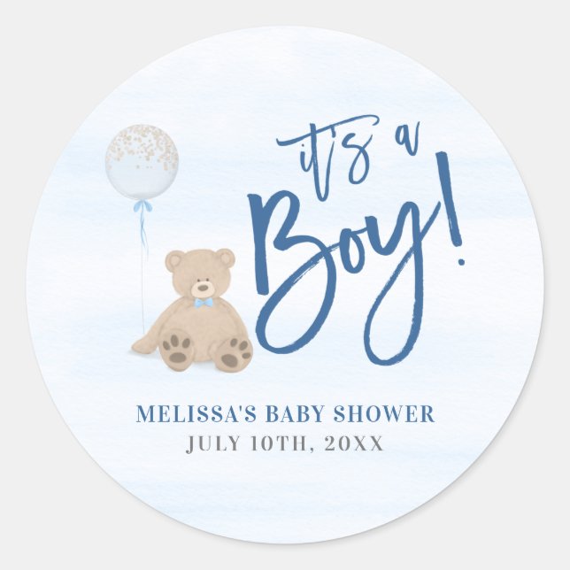 Pegatina Redonda Boy Teddy Bear Blue Balloon Baby Shower (Anverso)