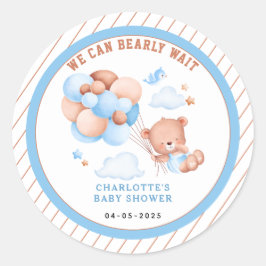Pegatina Redonda Boy Teddy Bear “We Can Bearly Wait” Baby Shower