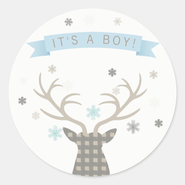 Pegatina Redonda Boy Winter Wonderland Woodland Deer Baby Shower (Anverso)