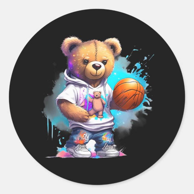 Pegatina Redonda Boys Basketball Teddy Bear (Anverso)