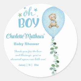 Pegatina Redonda Boys Bear Blue Balloon Eucalyptus Baby Shower