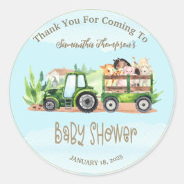 Pegatina Redonda Boys Blue Green Farm Animals Tractor Baby Shower