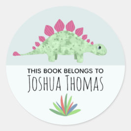 Pegatina Redonda Boys Cute Blue Dinosaur Personalizado Kids Bookpla