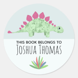 Pegatina Redonda Boys Cute Blue Dinosaur Personalizado Kids Bookpla
