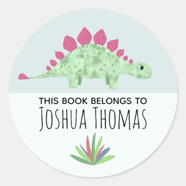 Pegatina Redonda Boys Cute Blue Dinosaur Personalizado Kids Bookpla (Anverso)