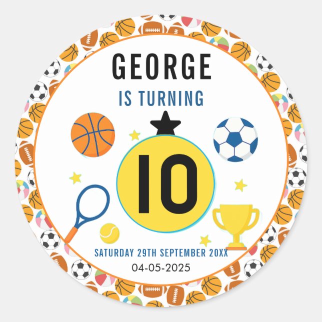 Pegatina Redonda Boys fiesta de cumpleaños moderna para deportes |  (Anverso)