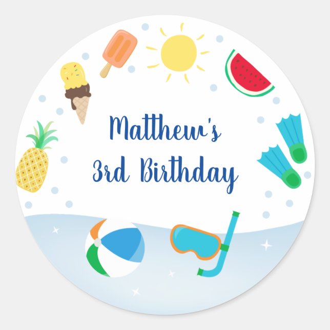 Pegatina Redonda Boys Pool Fiesta Ice Cream Cumpleaños (Anverso)