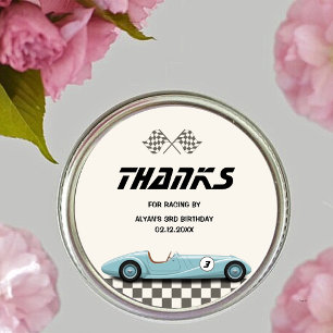 Pegatina Redonda Boys Vintage Blue Retro Race Car Fiesta de Cumplea