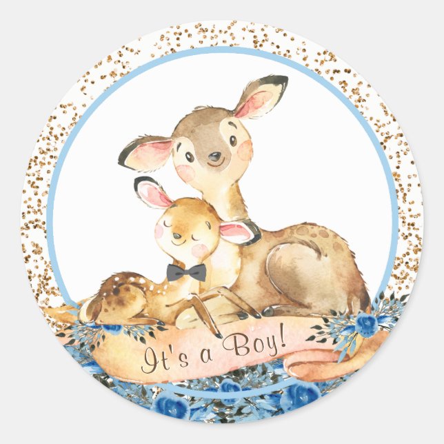 Pegatina Redonda Boys Woodland Deer Pegatinas de Baby Shower (Anverso)