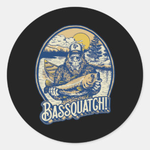 Pegatina Redonda ¡Bquatch! B Fisherman Sasquatch Funny Bigfoot Fish