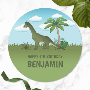 Pegatina Redonda Brachiosaurus Dinosaurio con nombre cumpleaños tro