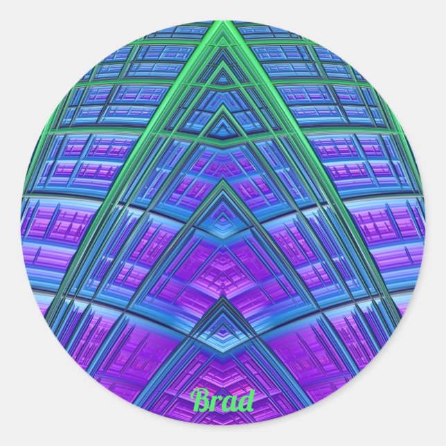 Pegatina Redonda ¡BRAD ~ Guay! Geométrico verde azul púrpura ~ (Anverso)