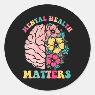 Pegatina Redonda Brain Mental Health Problement Therapist Wildflowe