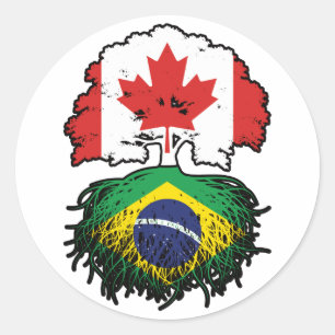 Pegatina Redonda Brasil: Bandera de raíces de árboles canadienses b