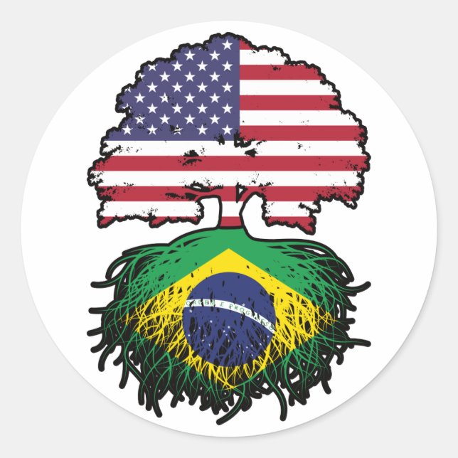 Pegatina Redonda Brasil: Bandera de raíces de árboles norteamerican (Anverso)