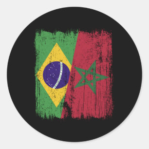Pegatina Redonda Brasil Marruecos Media Bandera Brasileño Marroquí