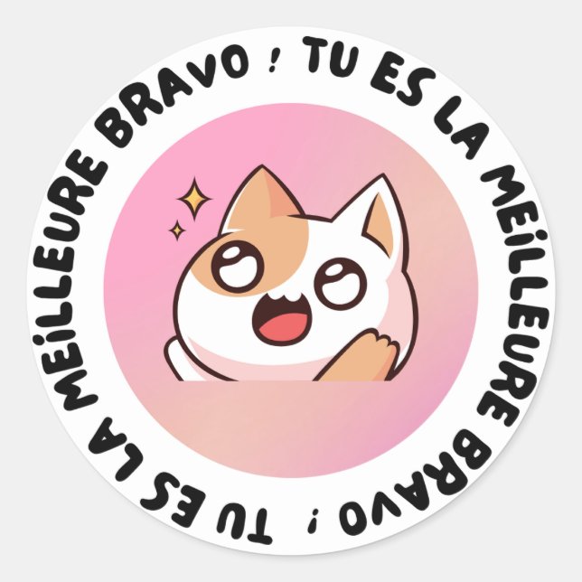 Pegatina Redonda Bravo Tu Es La Meilleure Kawaii Cat Sticker (Anverso)