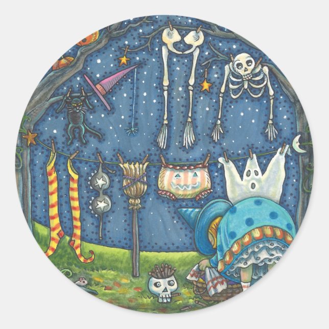 PEGATINA REDONDA BRAZO HANGANDO SU GATO NEGRO, FANTASMA, LAVANDERÍA (Anverso)