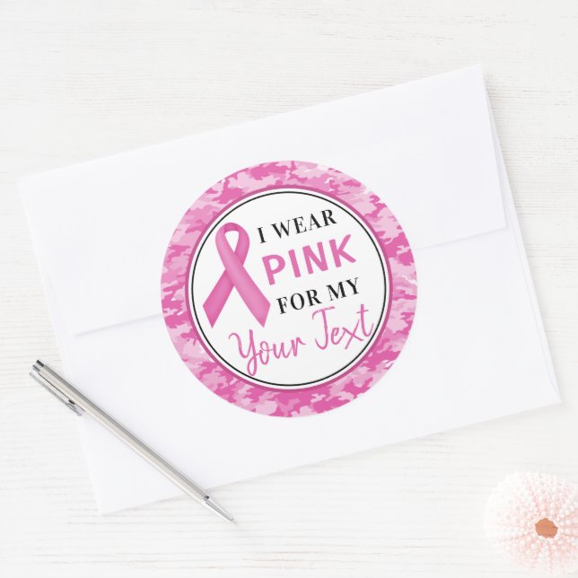 Pegatina Redonda Breast Cancer Awareness Camouflage Ribbon Design (Sobre)