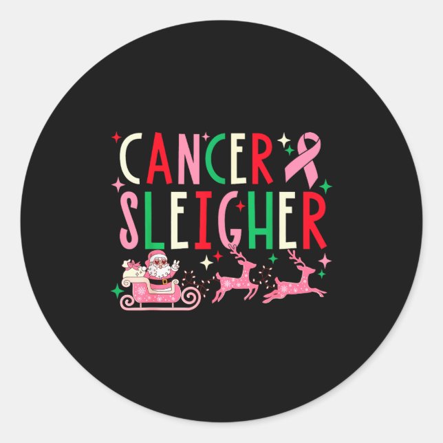 Pegatina Redonda Breast Cancer Christmas Nk Ribbon Santa Sleigh Rei (Anverso)