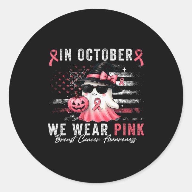 Pegatina Redonda Breast Cancer Halloween In October We Wear Nk Us F (Anverso)