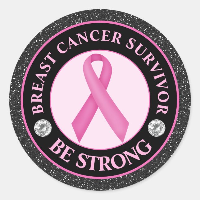 Pegatina Redonda Breast Cancer Survivor – Be Strong Pink Ribbon (Anverso)