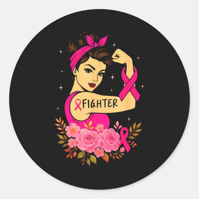 Pegatina Redonda Breast Cancer Survivor Rosie Riveter Nk Awareness  (Anverso)