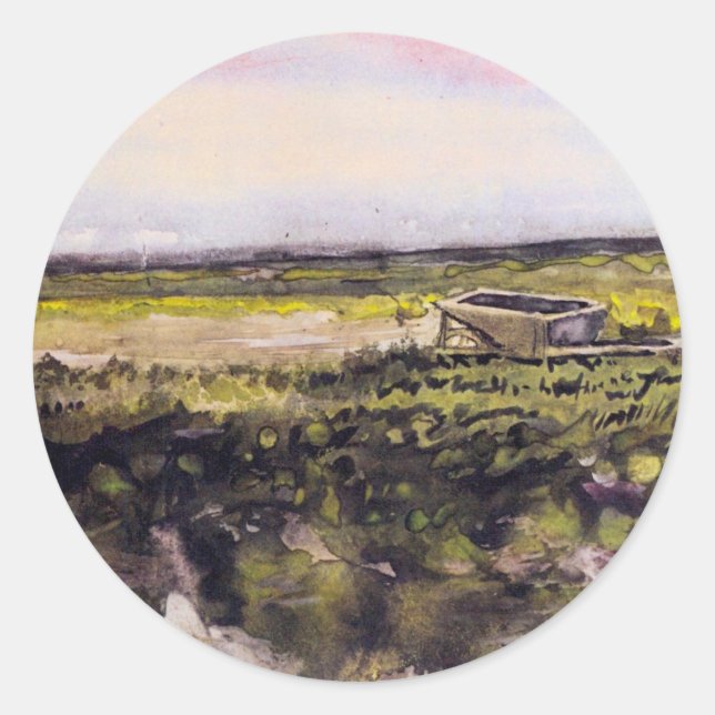 Pegatina Redonda Brezo con carretilla de Vincent van Gogh (Anverso)