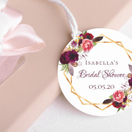 Pegatina Redonda Bridal Ducha flores de color agua oro burdeos