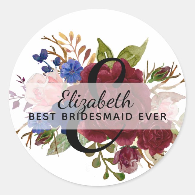 Pegatina Redonda Bridal Party Bridesmaids regalo Azul Borgoña Nombr (Anverso)