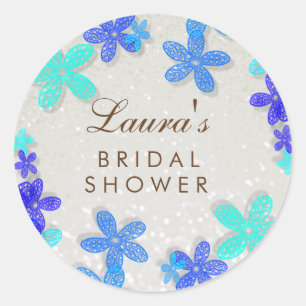 Pegatina Redonda Bridal Shower Beach Blue Floral Confetti Pearl