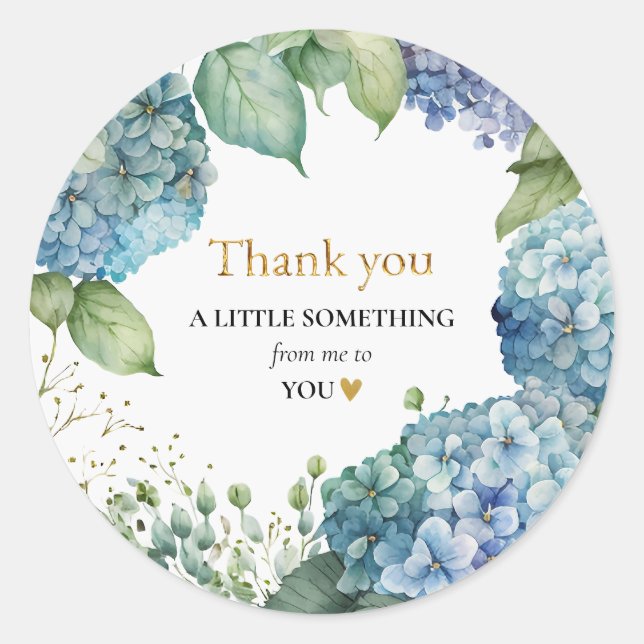 Pegatina Redonda Bridal Shower Blue Hydrangeas Gracias (Anverso)