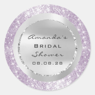 Pegatina Redonda Bridal Shower Dulces 16 Purpura Brillo Gris