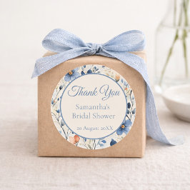 Pegatina Redonda Bridal Shower Dusty Blue Floral Watercolor