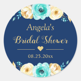 Pegatina Redonda Bridal Shower Favor Navy Blue Mint Gold Floral