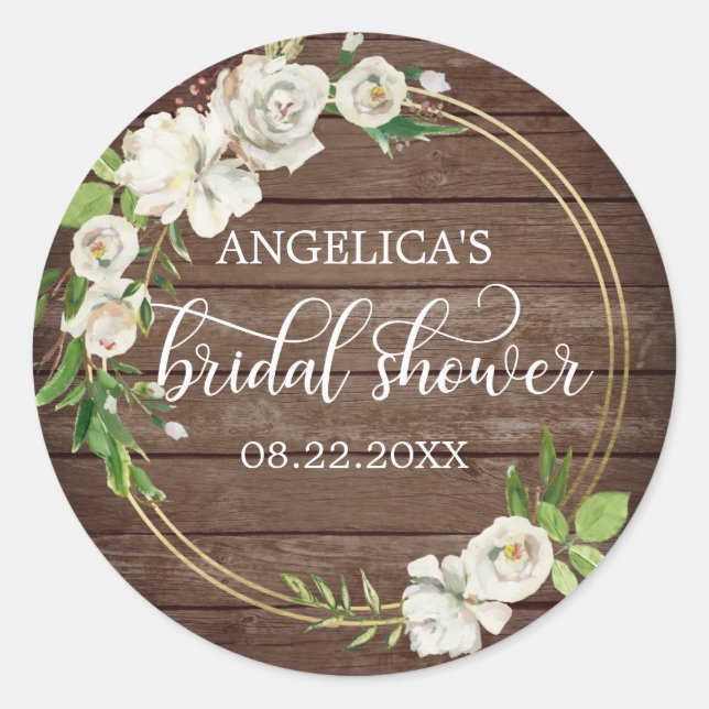 Pegatina Redonda Bridal Shower Floral acuarela Blanco Rústico (Anverso)