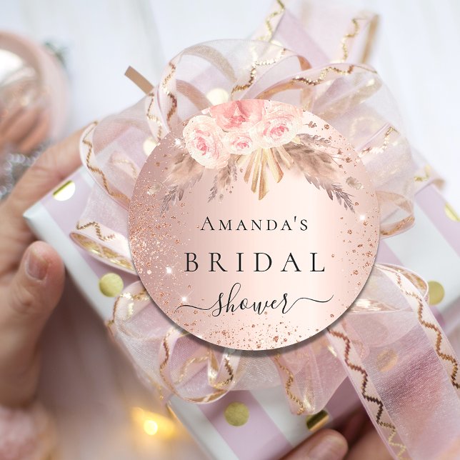 Pegatina Redonda Bridal Shower pampas pasto rosa oro floral (Subido por el creador)