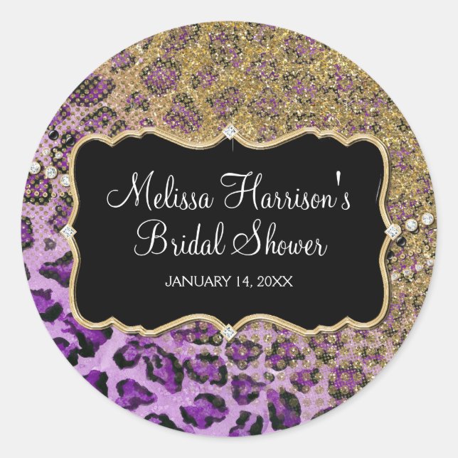 Pegatina Redonda Bridal Shower Purple Gold Leopard Animal Print (Anverso)