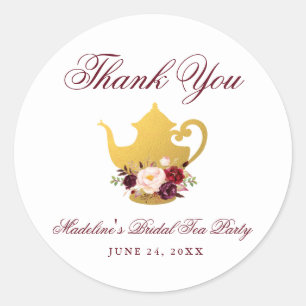 Pegatina Redonda Bridal Shower Tea Fiesta Burgundy Floral Gracias