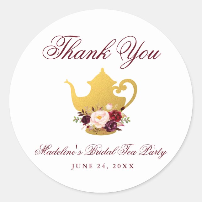 Pegatina Redonda Bridal Shower Tea Fiesta Burgundy Floral Gracias (Anverso)