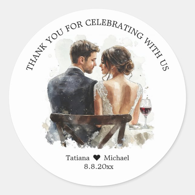 Pegatina Redonda bride & groom illustration thank you wedding (Anverso)