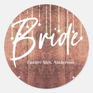 Pegatina Redonda Bride Leña textura de madera de encaje luces de cu